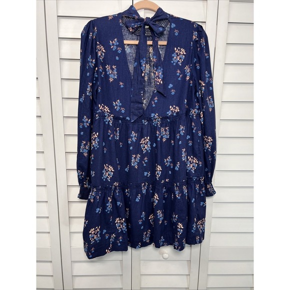 Free People Petit Fours Boho Linen Blend Tiered Mini Dress Size Small Indigo - Picture 11 of 15